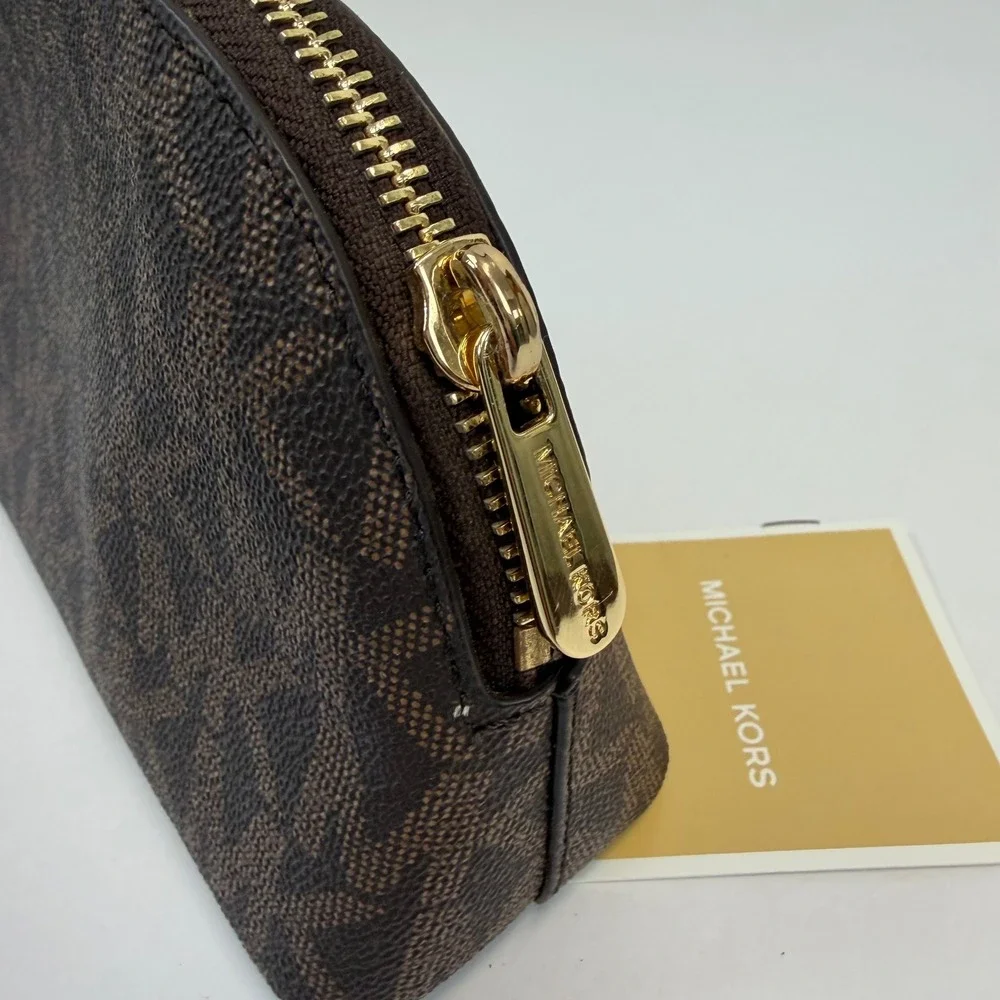 Michael Kors Brown Signature Logo Dragonfly Dome Cosmetic Pouch Bag Gold NEW